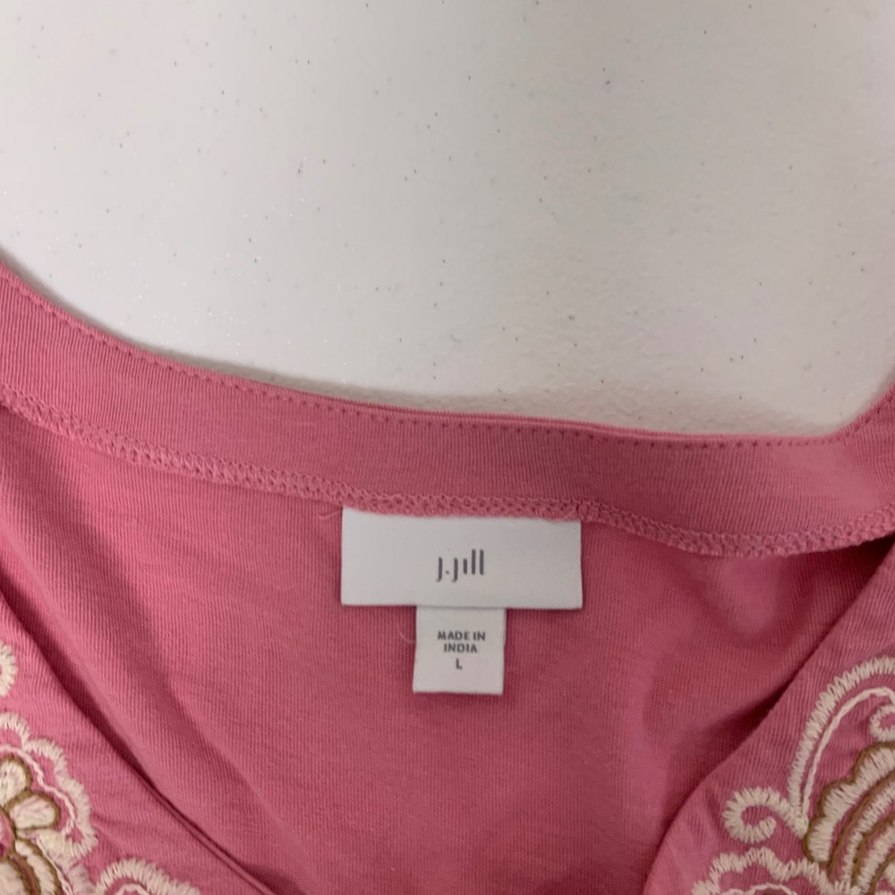 J. Jill Embroidered V-Neck Top Womens Large Pink 3/4 Sleeve Cotton Modal - Picture 3 of 11
